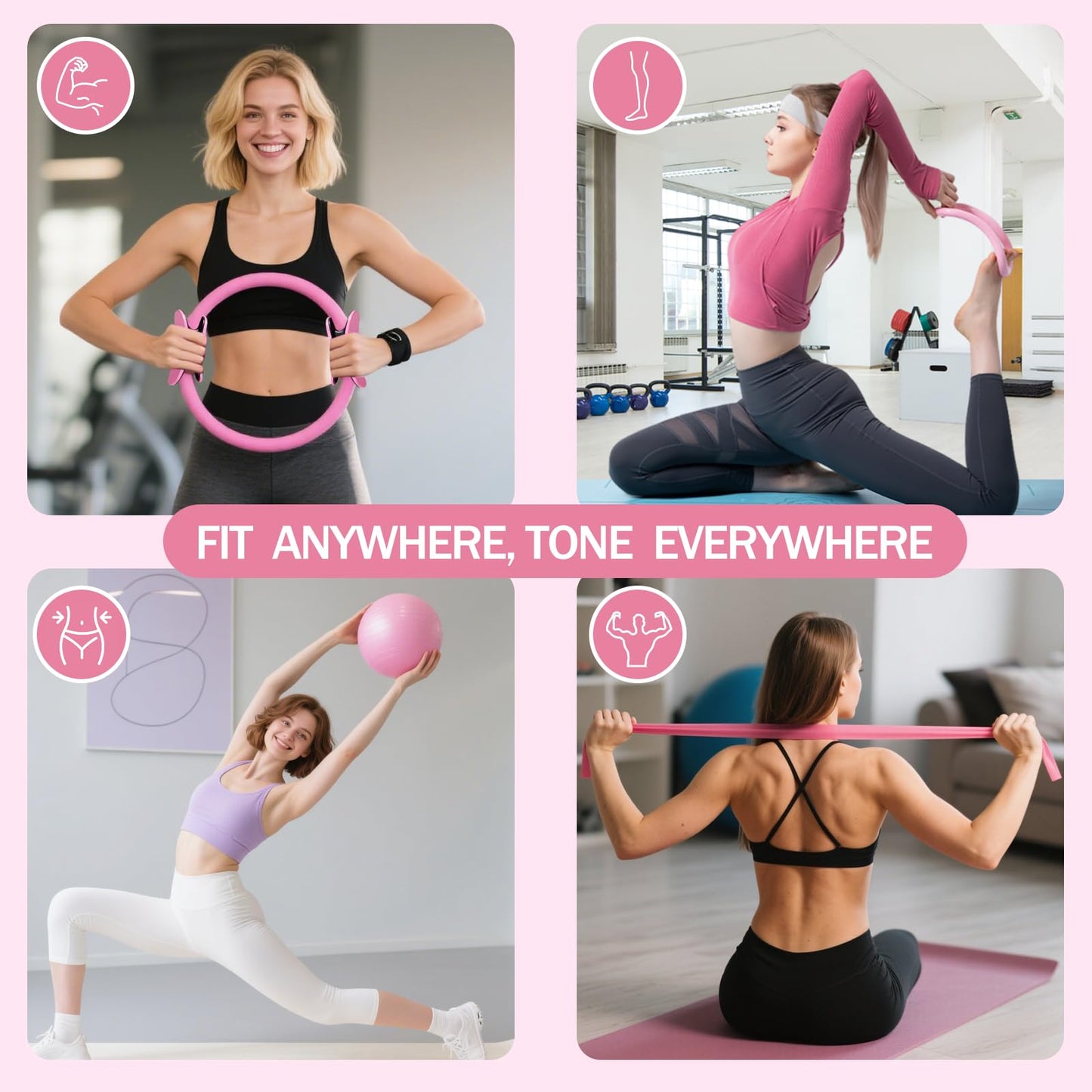 Floranis Pilates Essentials Kit at Home, Ring and Ball Pilate Workout Equipment Set for Women, Magic Circle with 5 Resistance Bands Premium Accessories Kits for Starter Toning Workouts