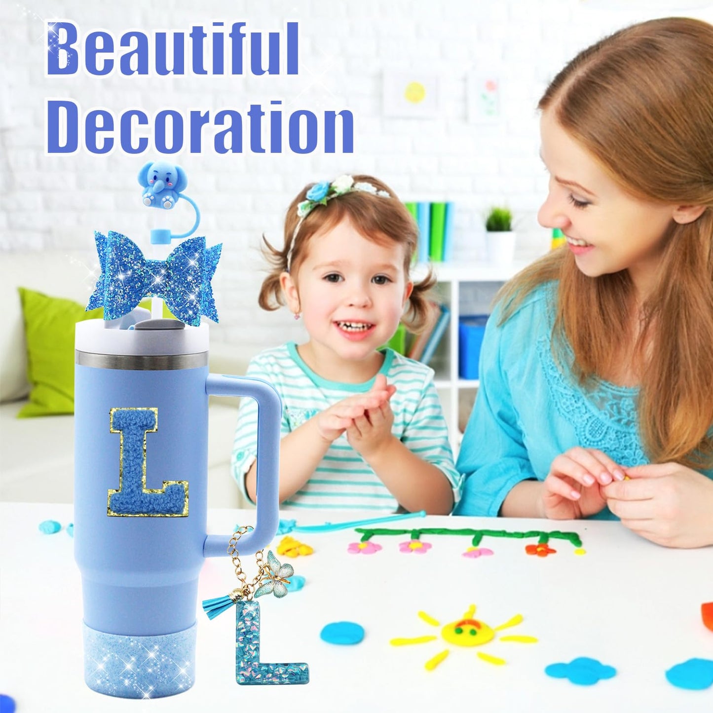 Liangang 9PCS Cup Accessories Set For Stanley 30oz 40oz,Including 2PCS Stanley Straw Cover and Boot,Spill Proof Stopper,Handle Charm,Bow straw,2PCS Sticker Letter (Letter L)