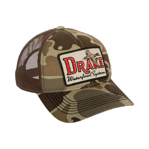 Drake Waterfowl Square Patch Foam Front Ball Cap - Cotton Front Panels & Visor Mesh Back 6 Low Profile Panels Cap, One Size Fits Most, Old School Timber