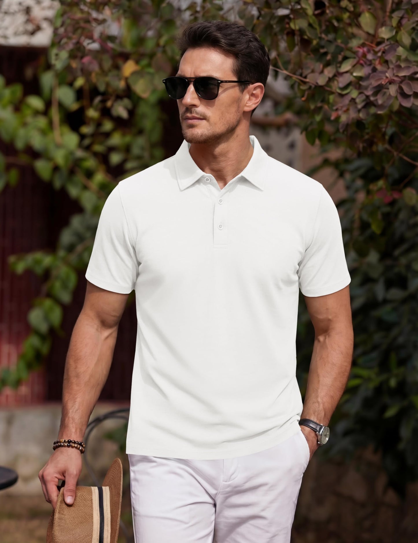 MAGNIVIT Polo Shirts for Men Short Sleeve Cotton Golf T-Shirt Fitted Pique Collared Shirt for Work Business Casual White L