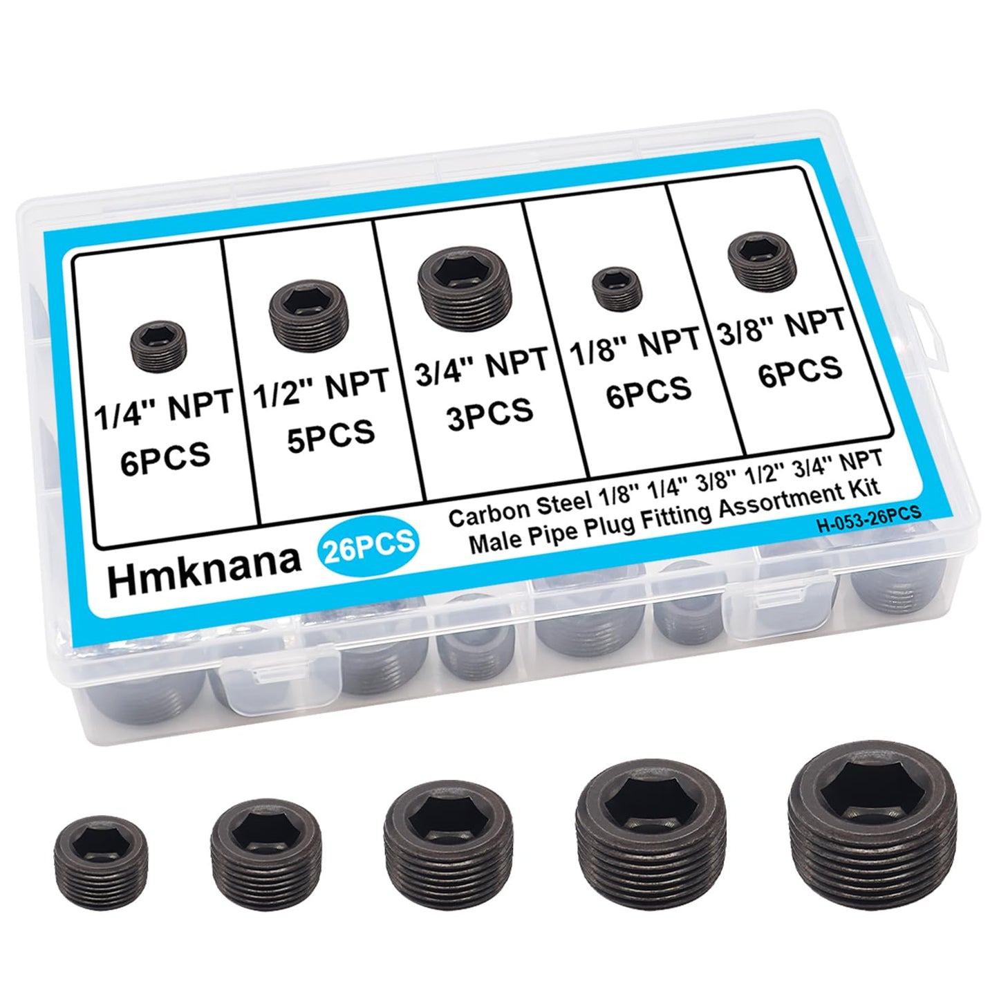 Hmknana 26PCS Black Pipe Plug Fitting Assortment Kit, Carbon Steel 5 Sizes 1/8" 1/4" 3/8" 1/2" 3/4" NPT Internal Hex Thread Socket for Sealing Port