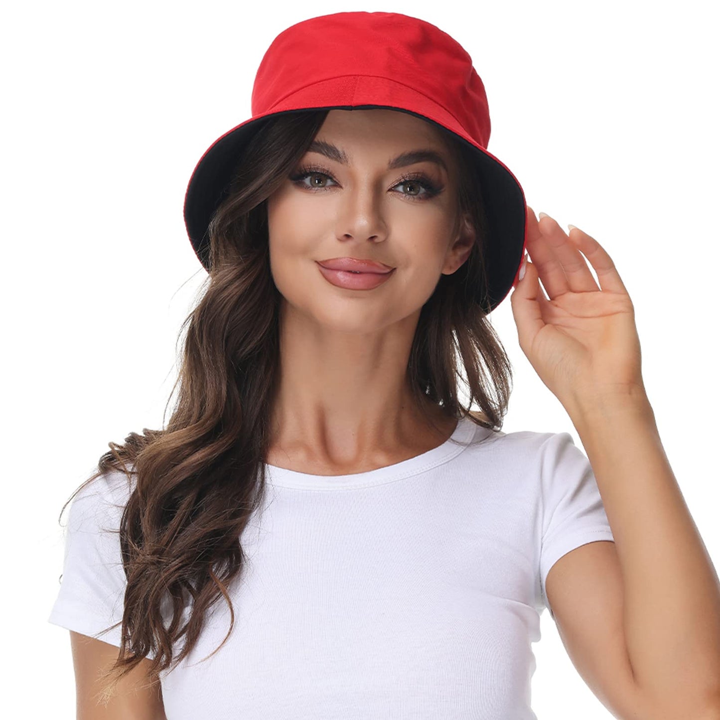Women Reversible Bucket Hat, Summer Sun Hat for Women, Black- Red
