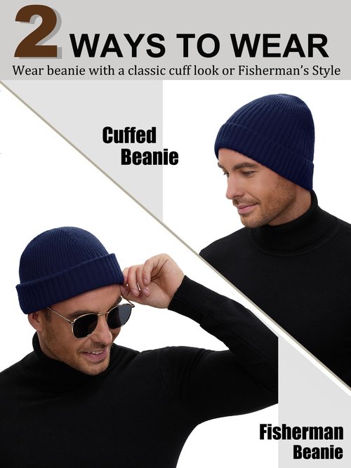 choshion Wool Short Fisherman Beanie for Men Women, Double Cuffed Knit Skull Caps Trawler Beanies Watch Cap Warm Winter Hats, Navy Blue