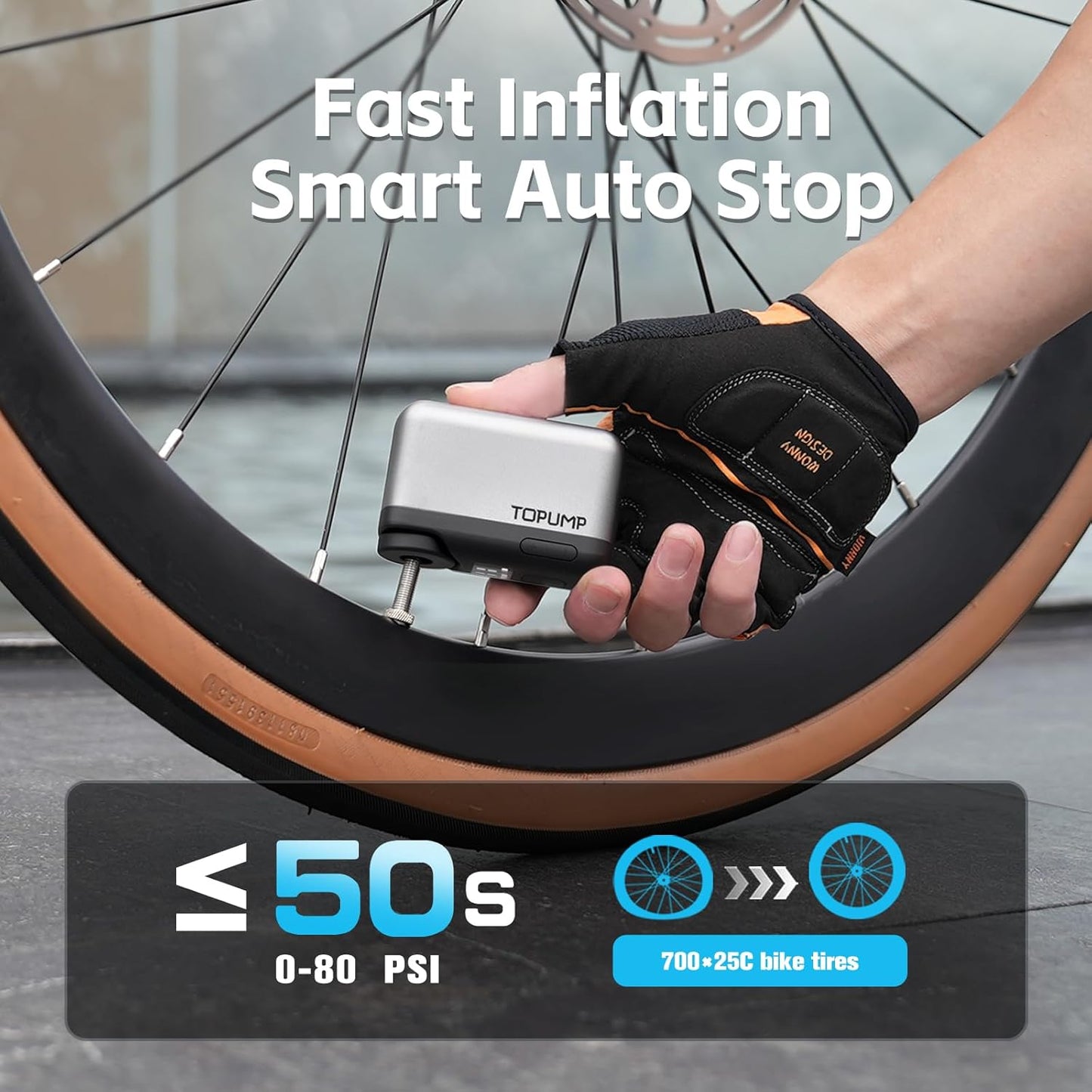 TOPUMP Mini Bike Tire Pump - 120PSI Portable Electric Air Pump with Gauge & Auto Stop | Type-C Rechargeable