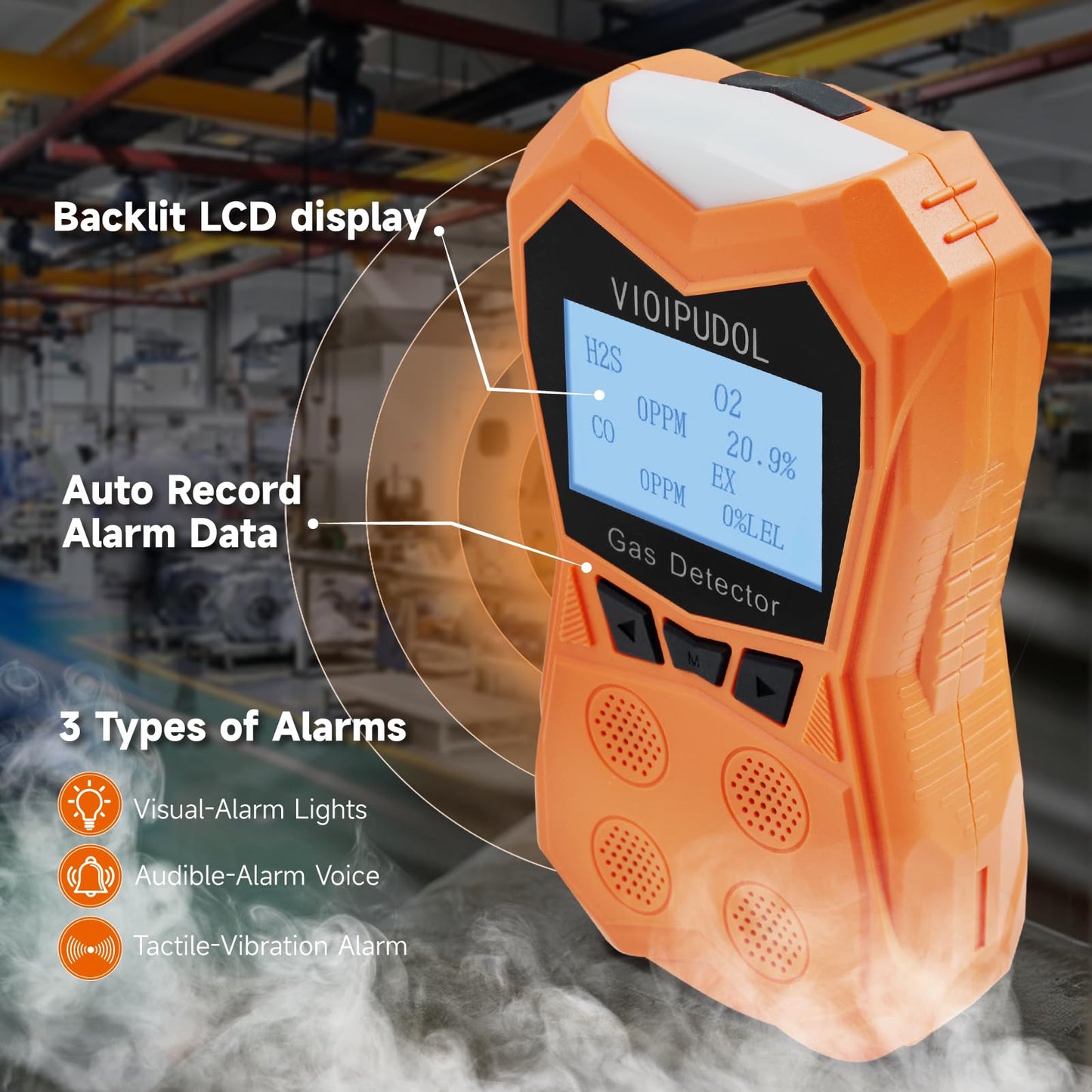 4-Gas Detector, Portable Clip-On CO/H₂S/O₂/LEL Monitor w/Triple Alarm, Data-Log, Explosion-Proof, Industrial Certified – for Plant, Mine, Confined Space, Home Use