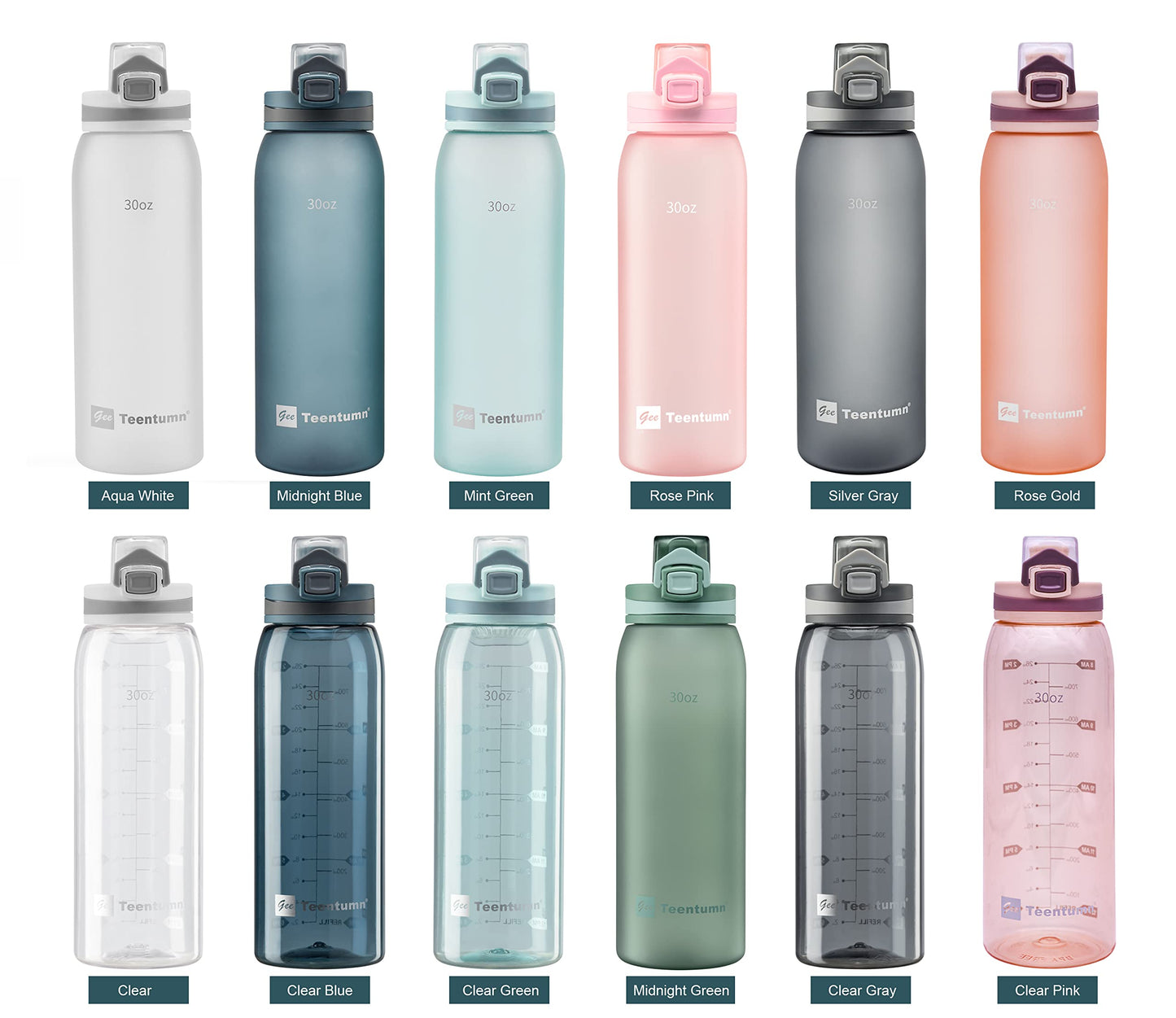 Teentumn Water Bottle BPA Free Tritan with Time Markers, 30oz Large Durable Gym Plastic Bottle for Fitness, Outdoor Enthusiasts, Leakproof White (Pack of 1)