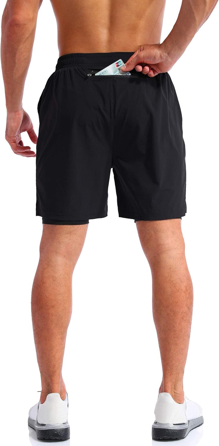 Pudolla Men's 2-in-1 Running Shorts - Quick Dry Athletic Workout Shorts with Phone Pockets | 5" Length