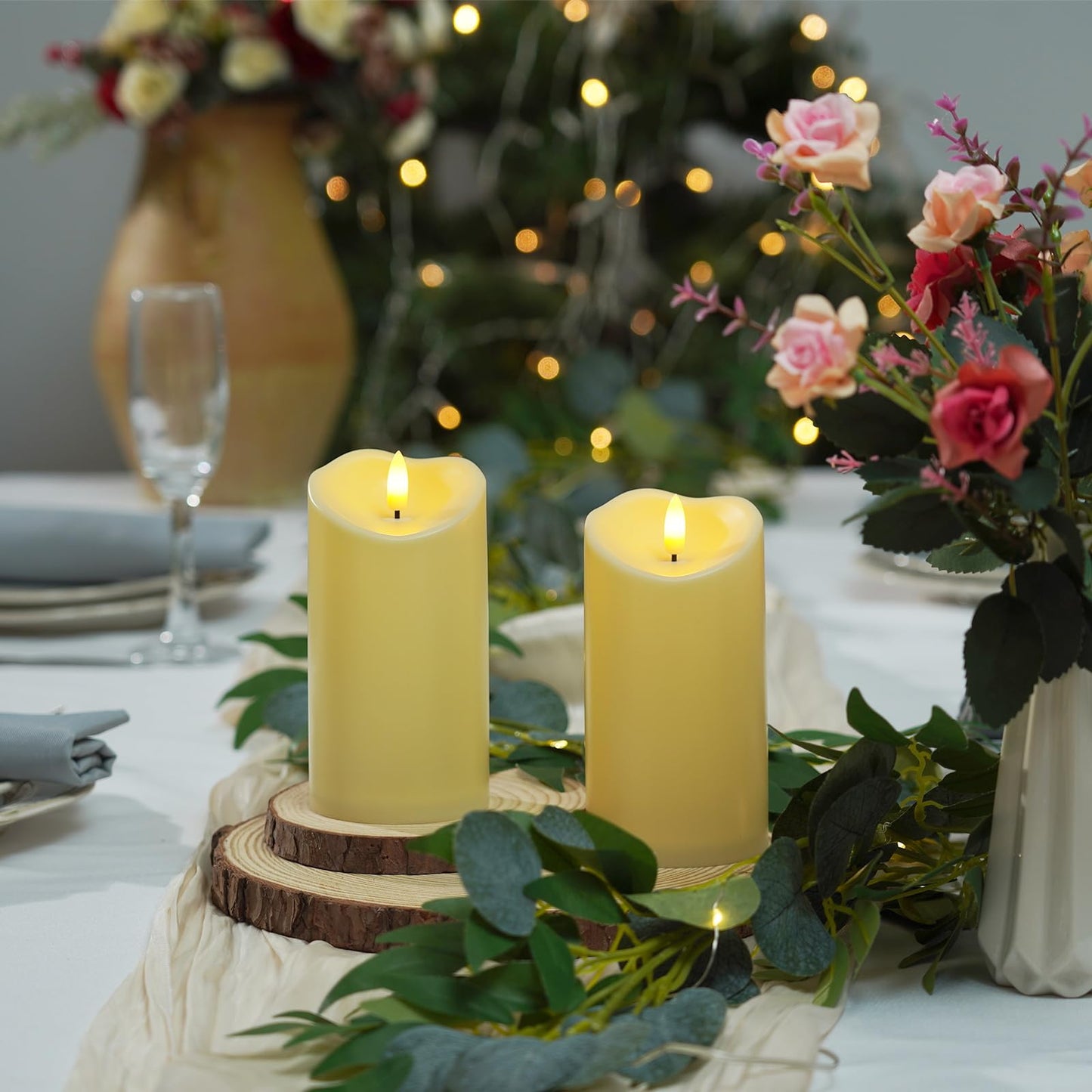 Raycare 6"x3" Outdoor Waterproof Flameless Candles, Battery Operated LED Candles with Remote Control and Timer, Electric Fake Plastic Pillar Candles, Dark Ivory, Set of 2