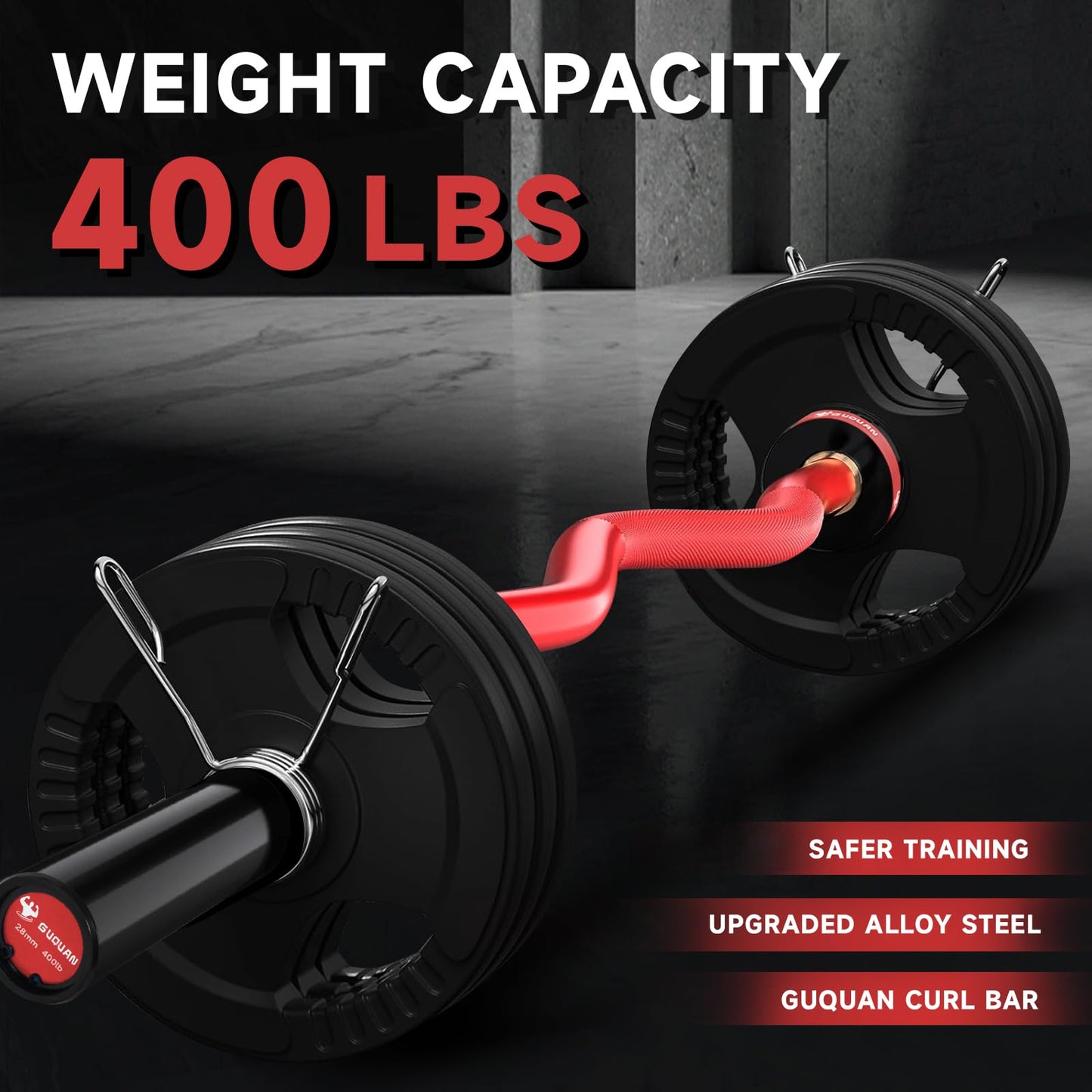 GUQUAN Olympic EZ Curl Barbell Bar, 400LBS Weight Capacity Olympic Curl Bar, 4ft Barbell Weight Bar with Knurled Grip for 2 Inch Weight Plates, Hip Thrusts,Squat,Biceps-Home Gym Weight Bar