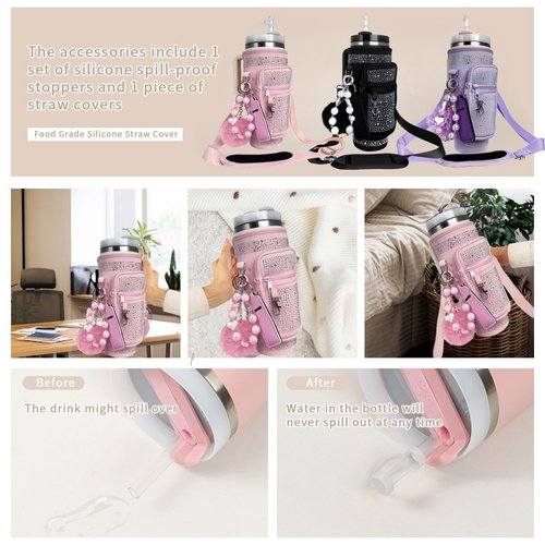 Water Bottle Carrier Bag for Stanley 30&40oz Tumbler - Stanley Cup Belt Bag with Adjustable Strap, Straw Cover & Pearl Bracelet - Thanksgiving Day and Christmas Day Gifts (Pink Diamond With Pocket)