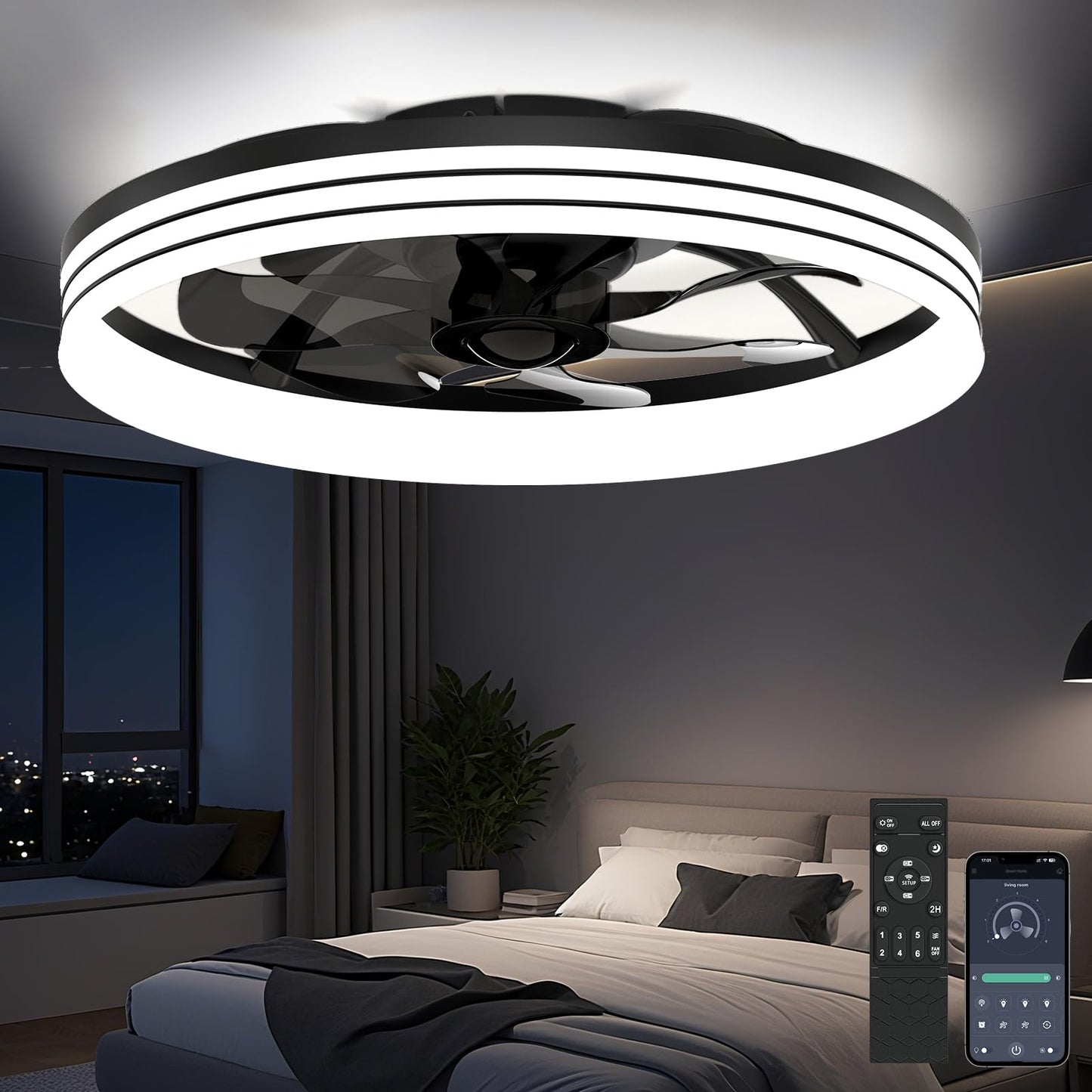 AIKVSXER Ceiling Fan with Light,20" Flush Mount Ceiling Fan,6 Speeds,3000-6500K Dimmable LED, App & Remote Control, Quiet DC Motor, for Bedroom, Living Room Modern Ceiling Fans with Lights(Black)