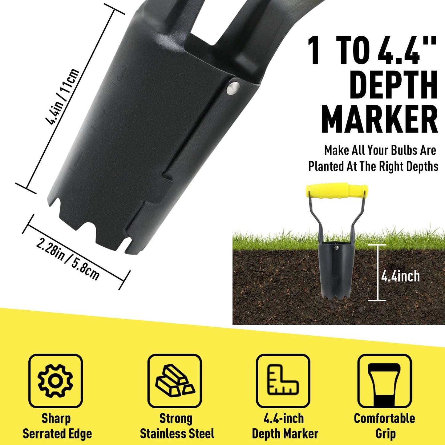 Jardineer Small Bulb Planter Tool– Compact Stainless Steel Transplanter for Bulbs, Seedlings & Flowers – Ergonomic Handle with Depth Markings – Silver & Black– Durable Garden Planting Tool