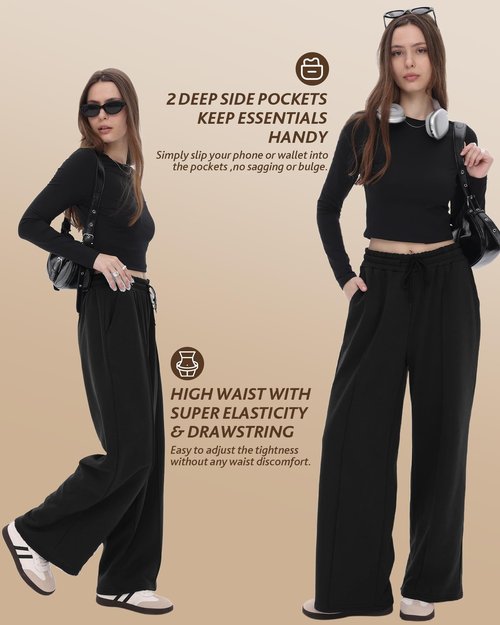 CAMPSNAIL Wide Leg Sweatpants Women - Baggy High Waisted Straight Leg Loose Sweat Pants with Chic Seams Drawstring Pockets