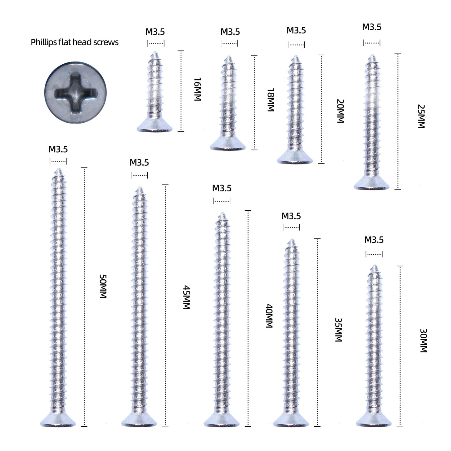 #6 x 2" Stainless Flat Head Phillips Wood Screw, 100 pcs, 18-8 (304) Stainless Steel Screws by NIANXIHAN (M3.5 x 50mm)