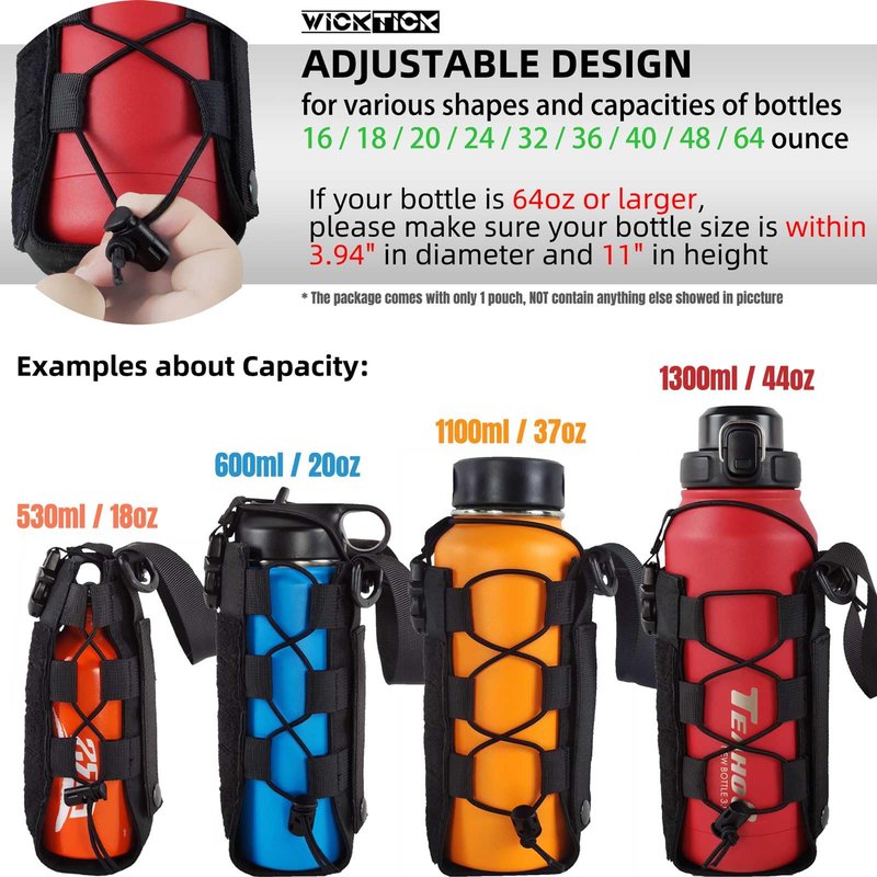 WICKTICK Molle Water Bottle Holder Pouch 16 24 32 40 64 oz - Multi-Purpose Tactical Fuel Bottle Bag, Adjustable Size for Outdoor Activities, Adapted to Backpack/Vest/Belt (Black, Classic)