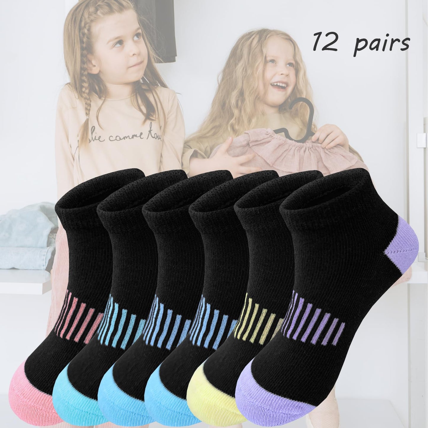 Tsmollyu Girls Socks 12 Pairs Ankle Socks for Girls Kids Athletic Cotton Sports Sock Running Low Cut Sock(7-10 Years)