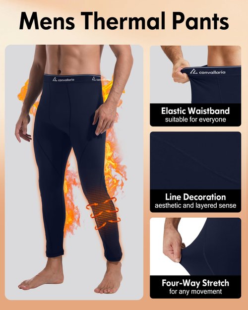 CL convallaria Long Johns for Men Thermal Fleece Lined Compression Pants Athletic Leggings Base Layer Bottoms,Large,4 Pack-2 Black/Blue/Grey
