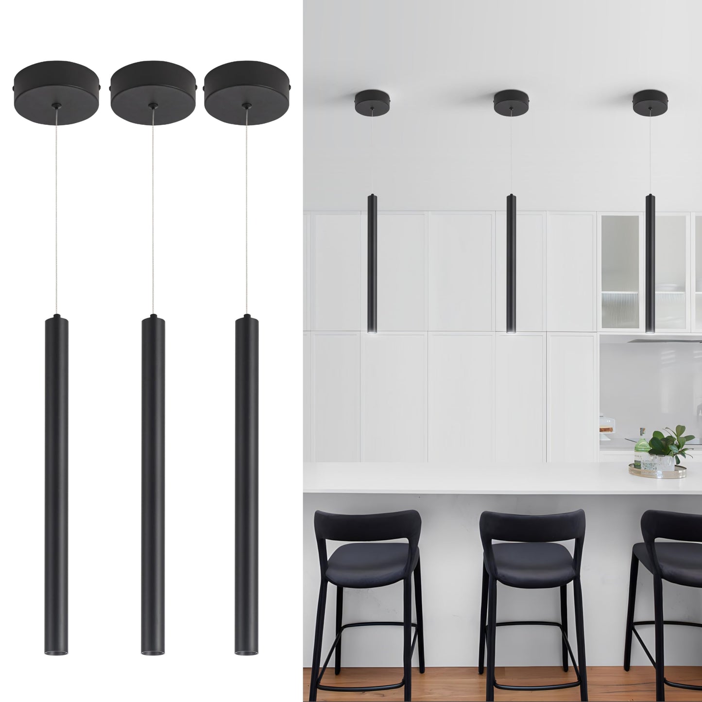 SUNMOO 3 Light Mini Pendant Lighting Modern Pendant Light, LED Modern Pendant Light Fixtures Mini Ceiling Hanging Lights for Kitchen Island Dining Room Bar Living Room 6000K 3-Pack Black