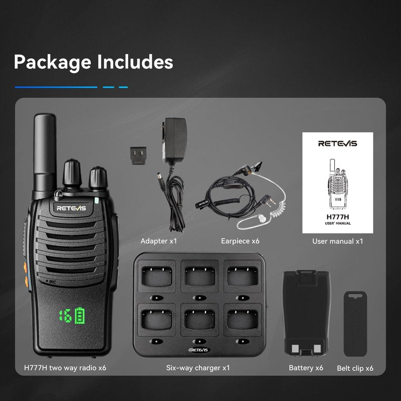 Retevis H-777H Walkie-Talkies with 6 Way Gang Charger,2 Way Radios with Earpiece,Hidden LED Segment Displays,Flashlight,USB-C,VOX,Portable FRS Two-Way Radios for Retail Property Church Hotel(6 Pack)