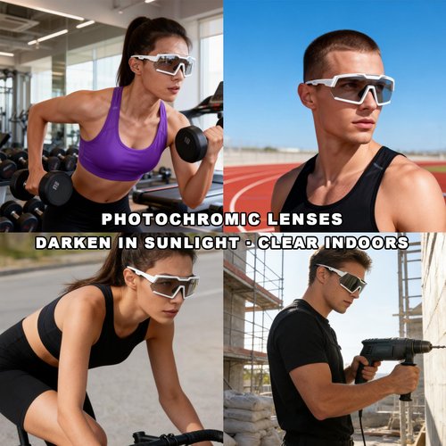 Awdchny Photochromic Z87 Sunglasses for Men Women Safety Sports Sunglasses, ANSI Z87 Impact Rated TR90 Frame UV400 Protection Running Cycling 8001 White Frame