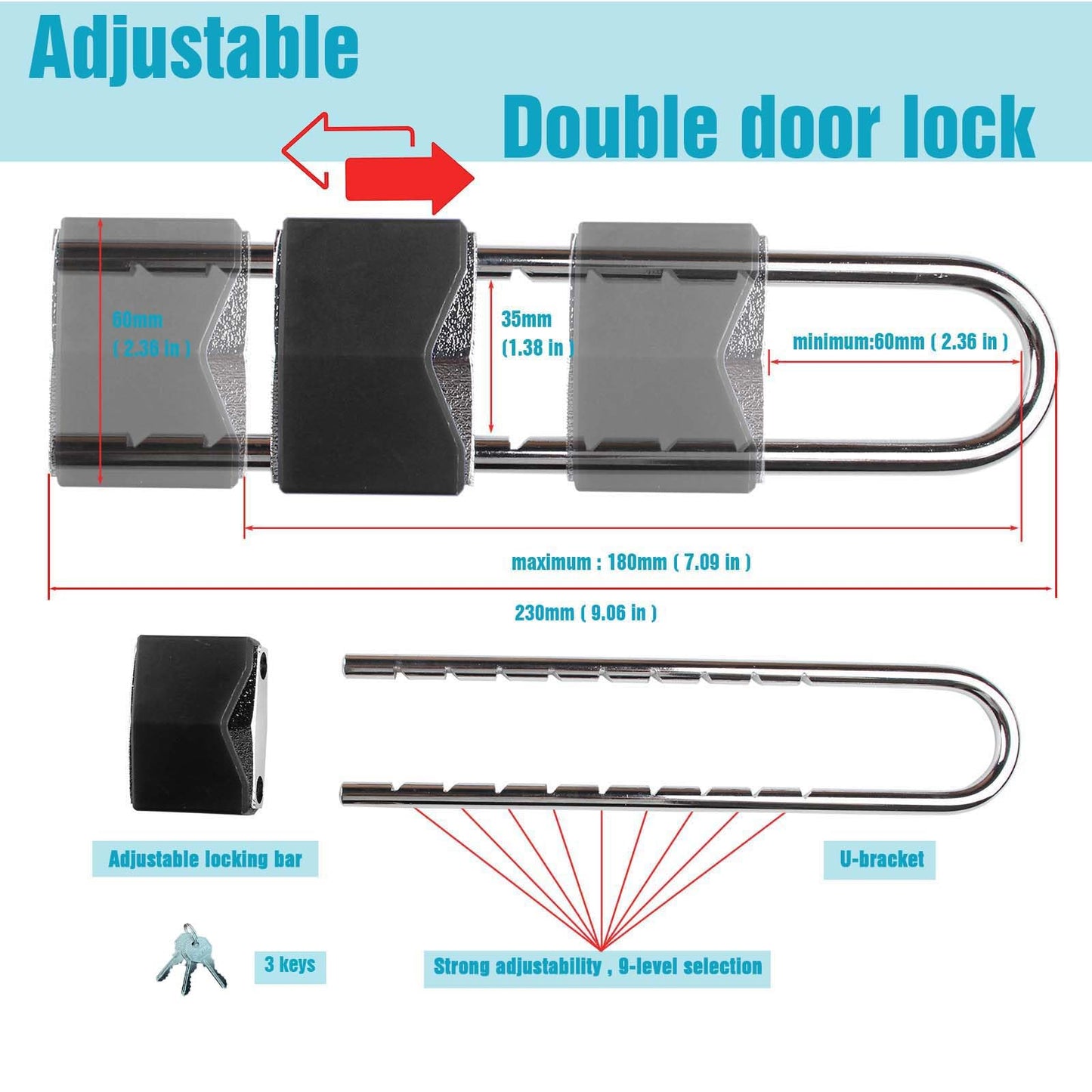 French Door Lock, Door Security Bar, Double Door Locking Device, Keyed Extra Door Lock for Doors with Double Handles/Knobs/Levers, All Metal Construction, Safety U-Shaped Bar Prevent Kick Ins