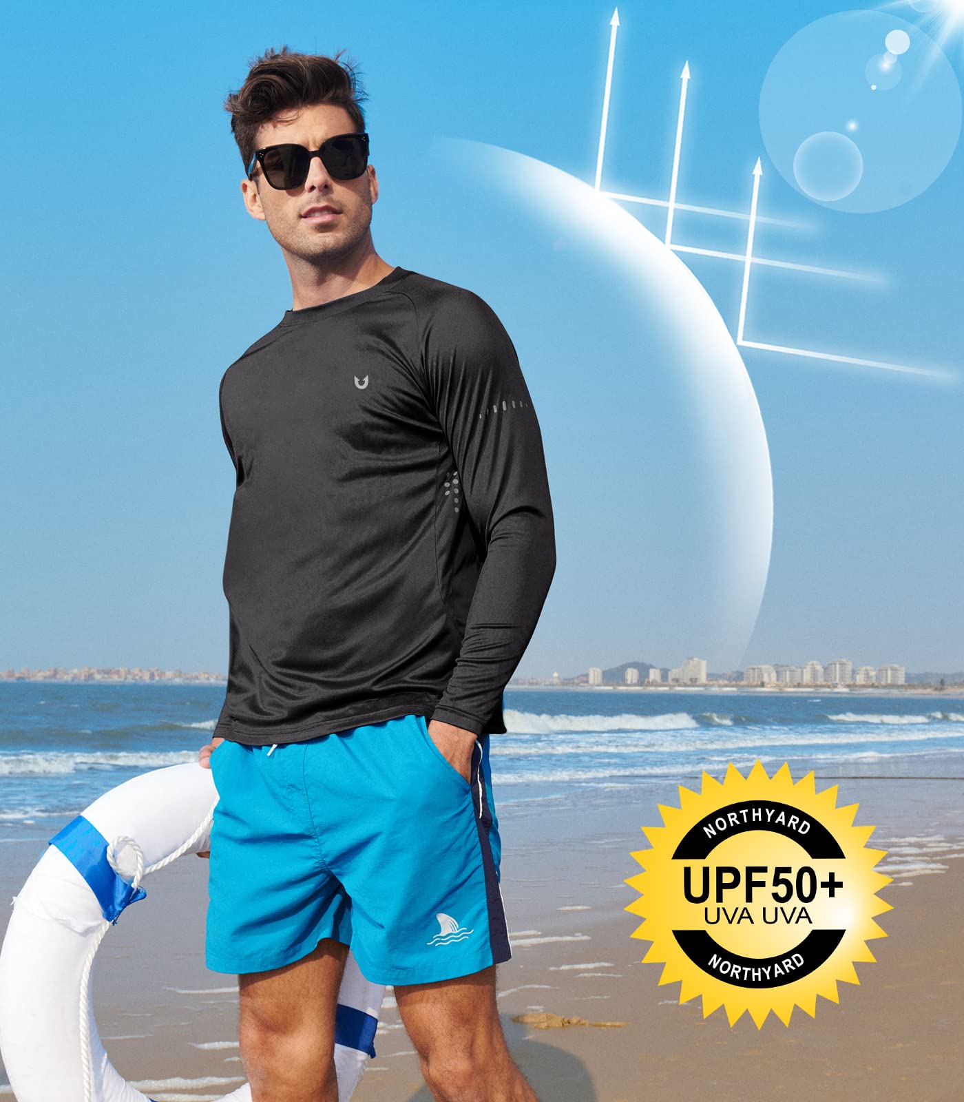 NORTHYARD Men's Sun Protection Shirts UPF 50+ Long Sleeve Swim Rash Guard Shirt Running Workout Athletic Hiking UV Fishing Black XL
