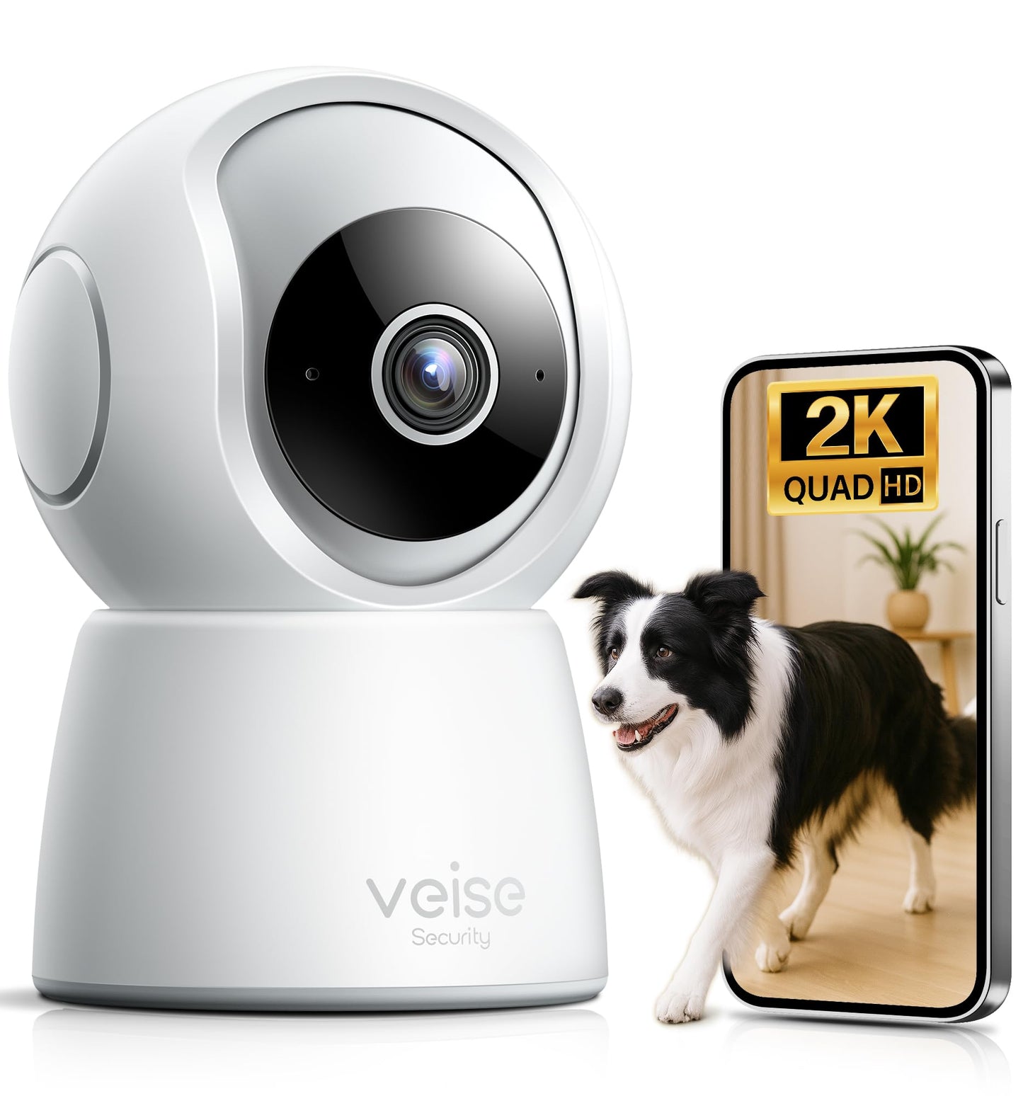 Veise 2K Security Camera Indoor 2.4GHz, 360° Pan/Tilt Cameras for Home Security, Pet & Baby Monitor, Motion Tracking, Voice Control, 2-Way Audio, IR Night Vision, Cloud &SD Card Storage, White