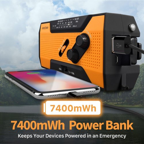 FosPower NOAA Emergency Weather Radio - Portable Power Bank with AM/FM, USB/Solar/Hand Crank, SOS Alarm & Flashlight - Orange