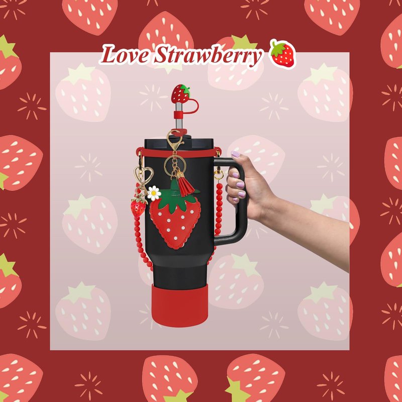 VirgoCCY 7PCS Strawberry Stanley Cup Accessories, Water Bottle Handle Strap for Stanley 30/40 oz, Including Straw Toppers, Silicone Cup Boot, Keychain Charms, Cup Decoration for Women Girls, Red
