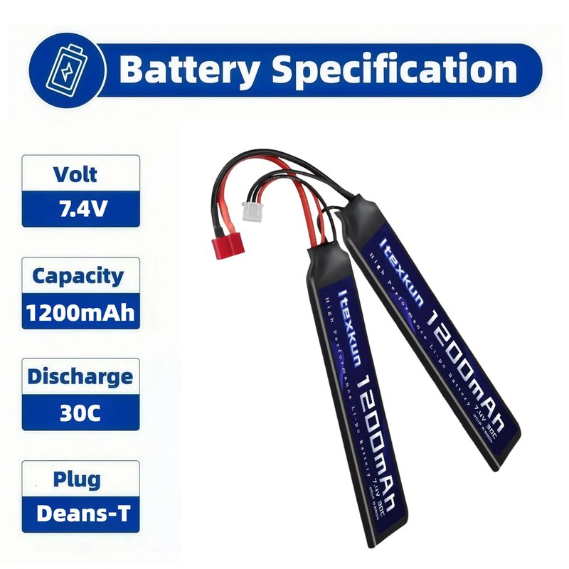 Itexkun Airsoft Lipo Battery 7.4V 1200mAh 30C T Plug Rechargeable High Discharge Rate Lipo Battery with Charger for Airsoft Model Guns