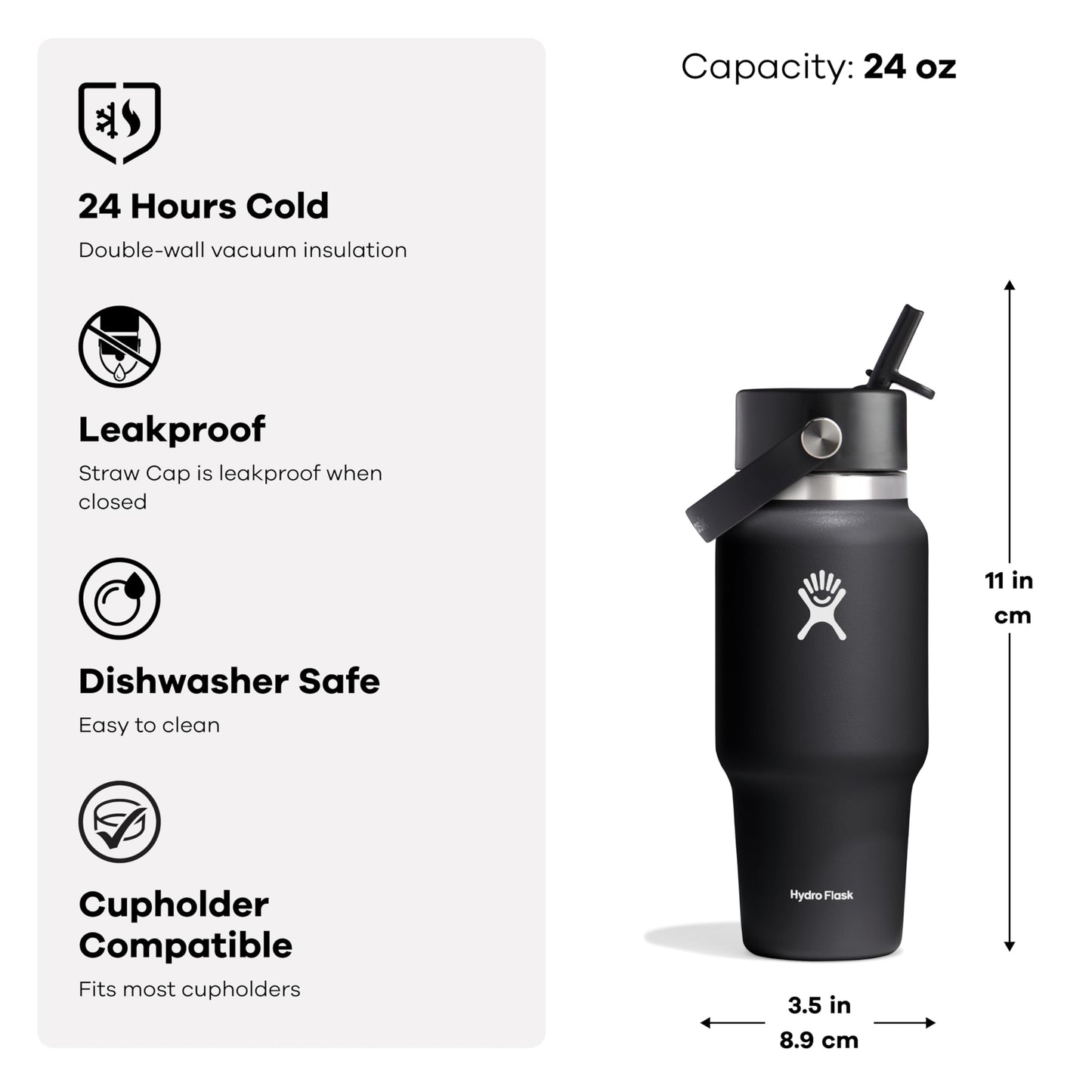 Hydro Flask Travel Water Bottle - Insulated Stainless Steel - Wide Straw Lid, Non Spill, Leakproof in 24 Oz Aloe Green