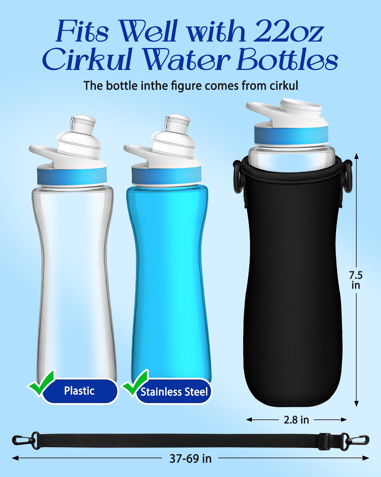Toykee Water Bottle Sleeve with Pouch for Cirkul 22 oz - Black Crossbody Shoulder Strap Detachable Phone Purse with Bottles Cover Holder Carrier Bag