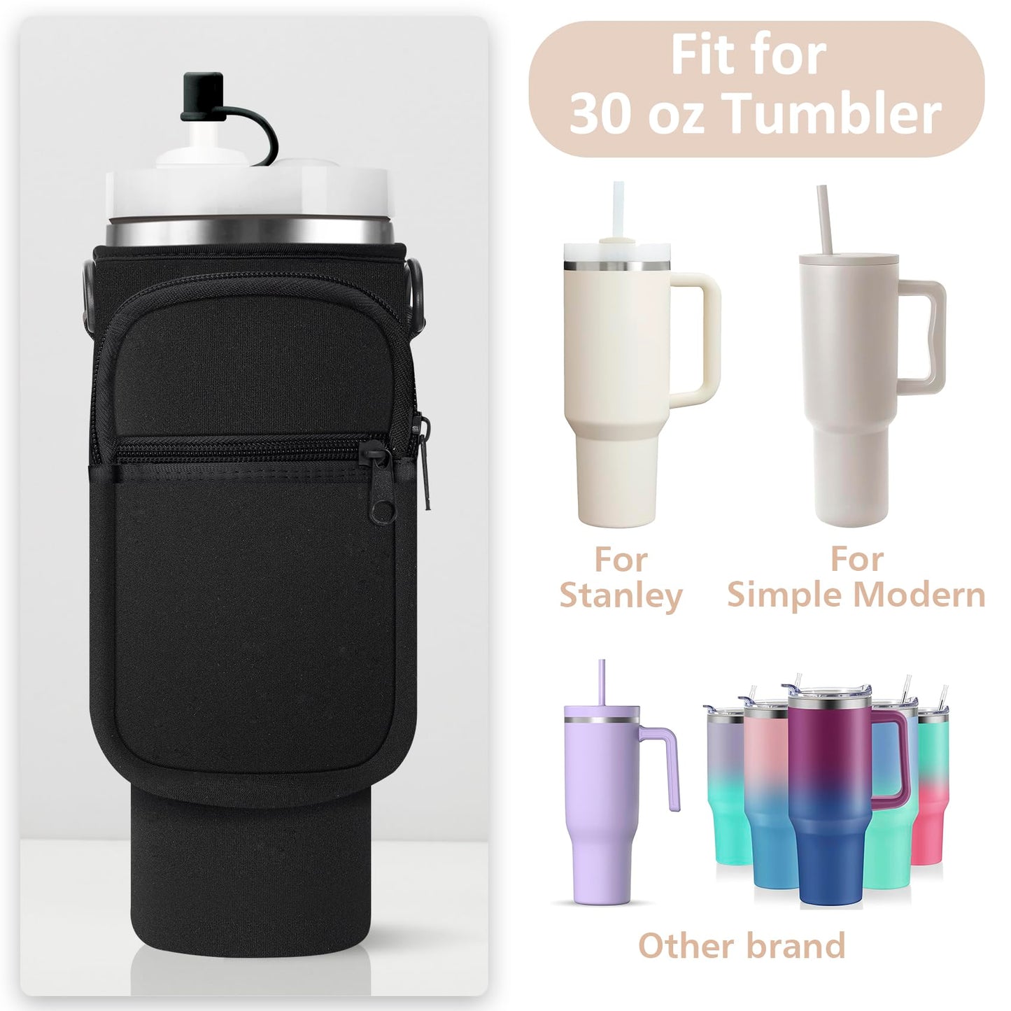 AceTreker Water Bottle Carrier Bag with Strap for Stanley 40/30 oz Tumbler Neoprene Insulated Cup Holder Sleeve with Phone Pocket & Straw Cover for Stanley Cup Accessories
