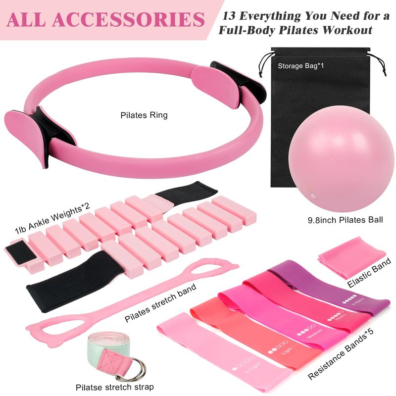 WYDHven Home Pilates Essentials Kit for Women, Complete 13-in-1 Pilates Equipment Ring and Ball Set with 5 TPE Resistance Bands, Ankle Weights, 8-Shaped Pull Band, Stretch Strap and Waterproof Bag