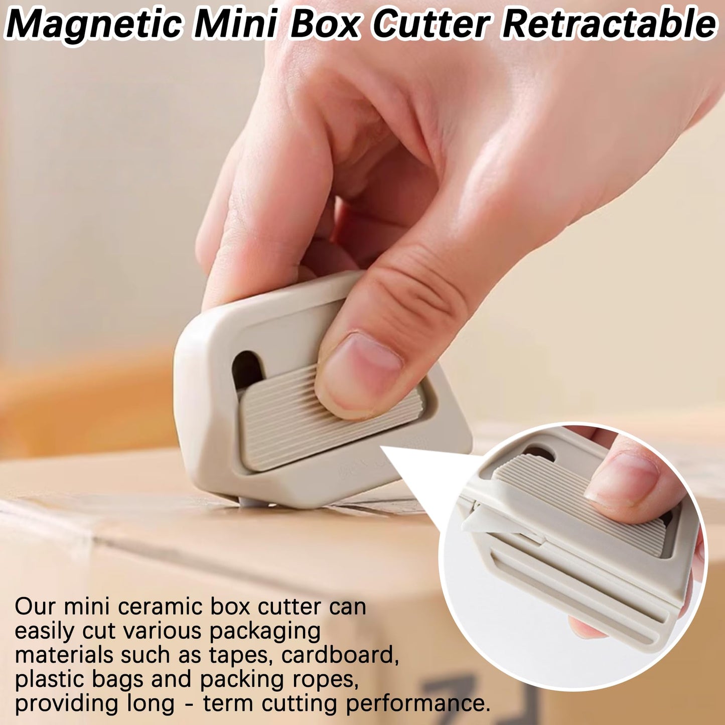 2025 New Portable Ceramic Unboxing Knife, Mini Magnetic Carton and Package Opener Box Cutter，Retractable Utility Knife Ceramic Blades with Lanyard Hole (White 2Pcs)