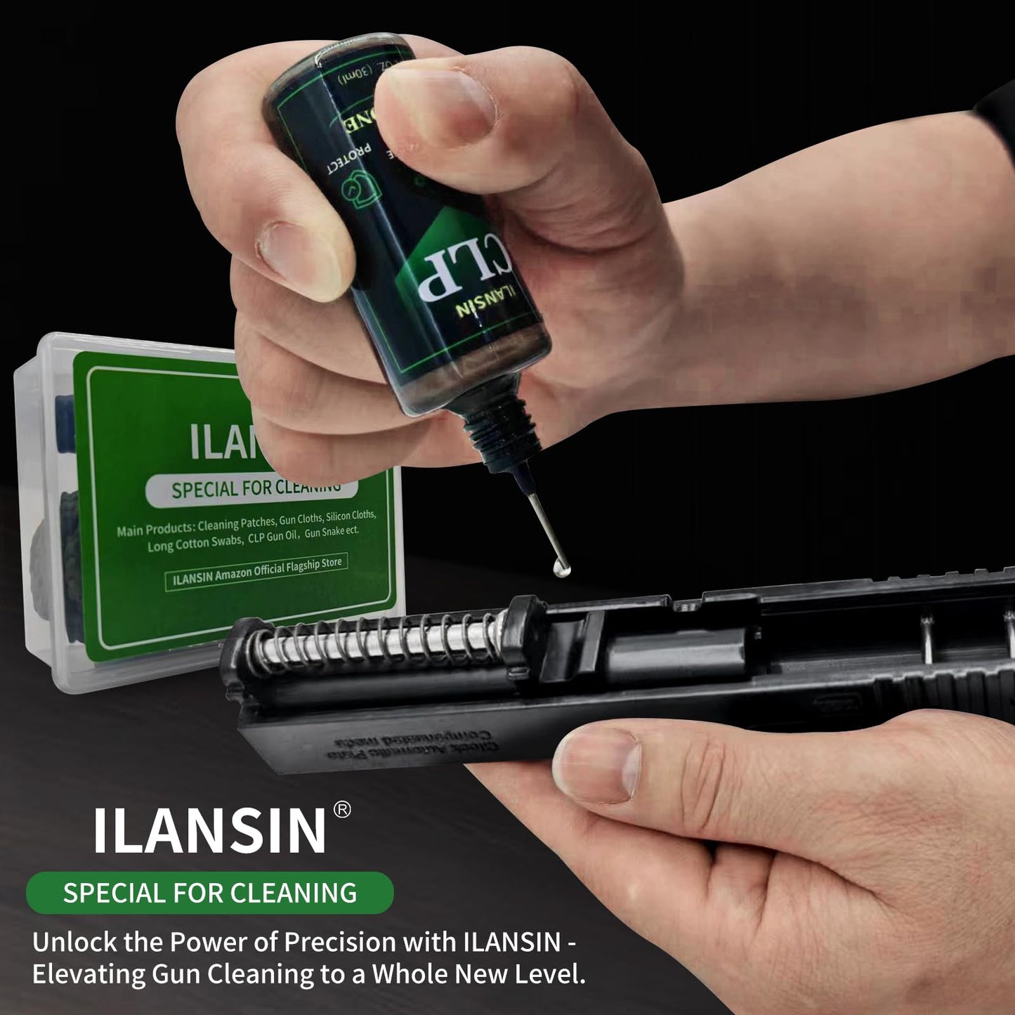 ILANSIN 9mm Bore Cleaner & 5oz CLP Oil Gun Cleaning Kit with Gun Snake .38 .375 9.5mm, Needle+Spray,Gun Cleaning Supplies with Gun Cleaning Patches,6'' Gun Cleaning Swabs, Gun Brushes, Cleaning Picks