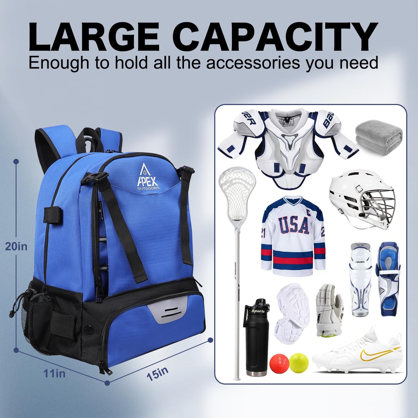Apex Outdoors Lacrosse Bag, Large Lacrosse Backpack with Two Stick Holders