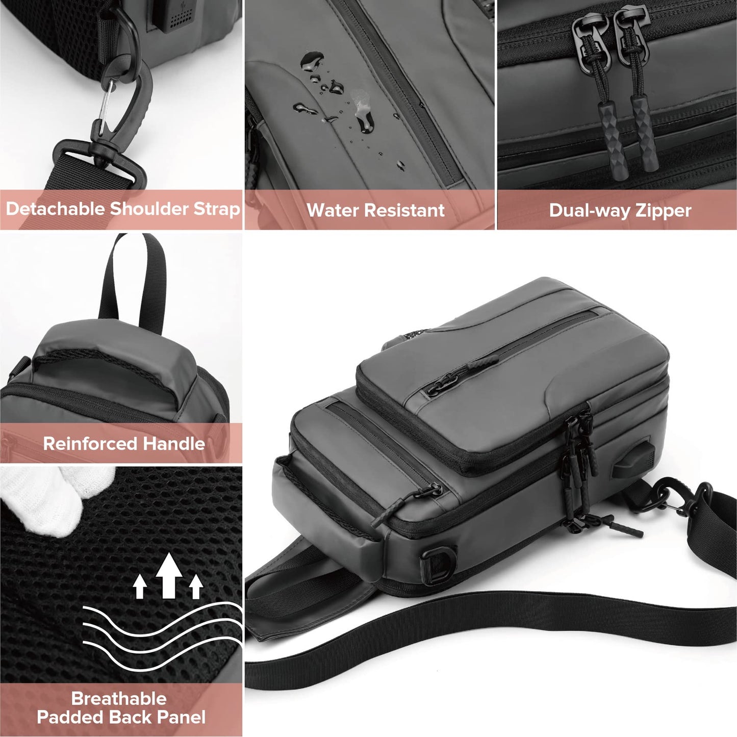 MAYMOONER Crossbody Sling Backpack Shoulder Bag for Men Women, Lightweight One Strap Motorcycle Messenger Bag Daypack for Cycling Hiking Walking Outdoor Sports Travel with USB Charger Port Grey