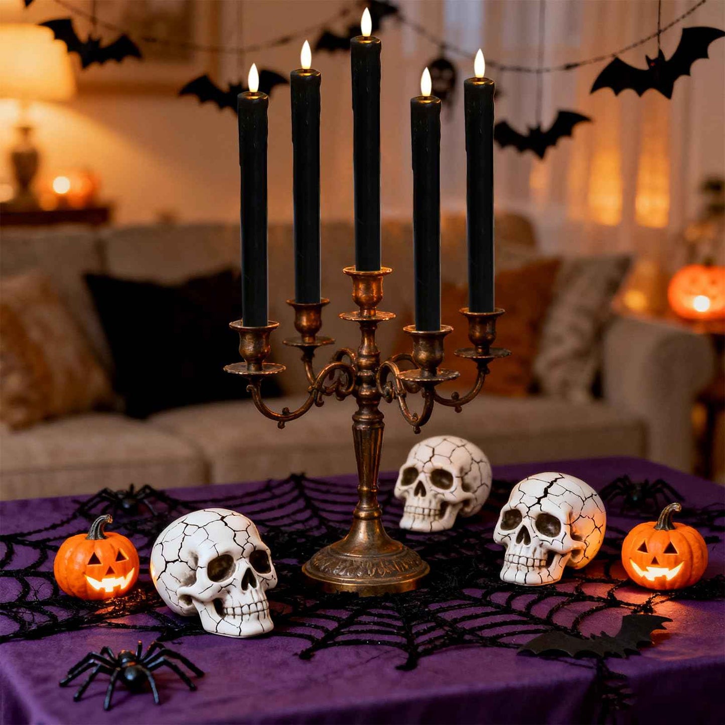 Lezonic Black Flameless Taper Candles Battery Operated with Remote, Long LED Candlesticks Flickering Real Wax Set of 6, 9.5 inch Battery Candles with Realistic 3D Flame for Halloween