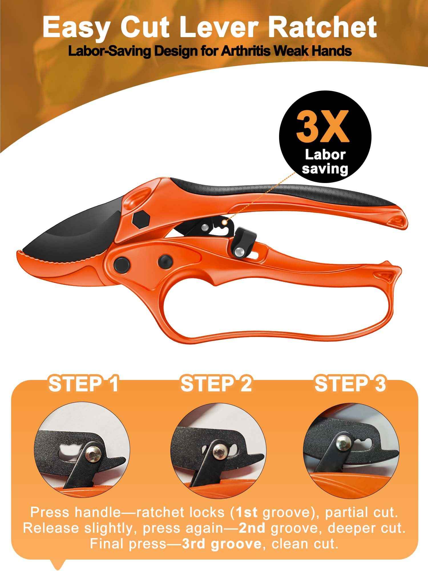 Rotbackmin Ratchet Anvil Pruning Shears for Gardening Heavy Duty, Labor-Saving Design Garden Clippers for Arthritis Weak Hands, 3/4" Cut Capacity Branch Cutter for Tree Trimming, Flower, Rose, Plant