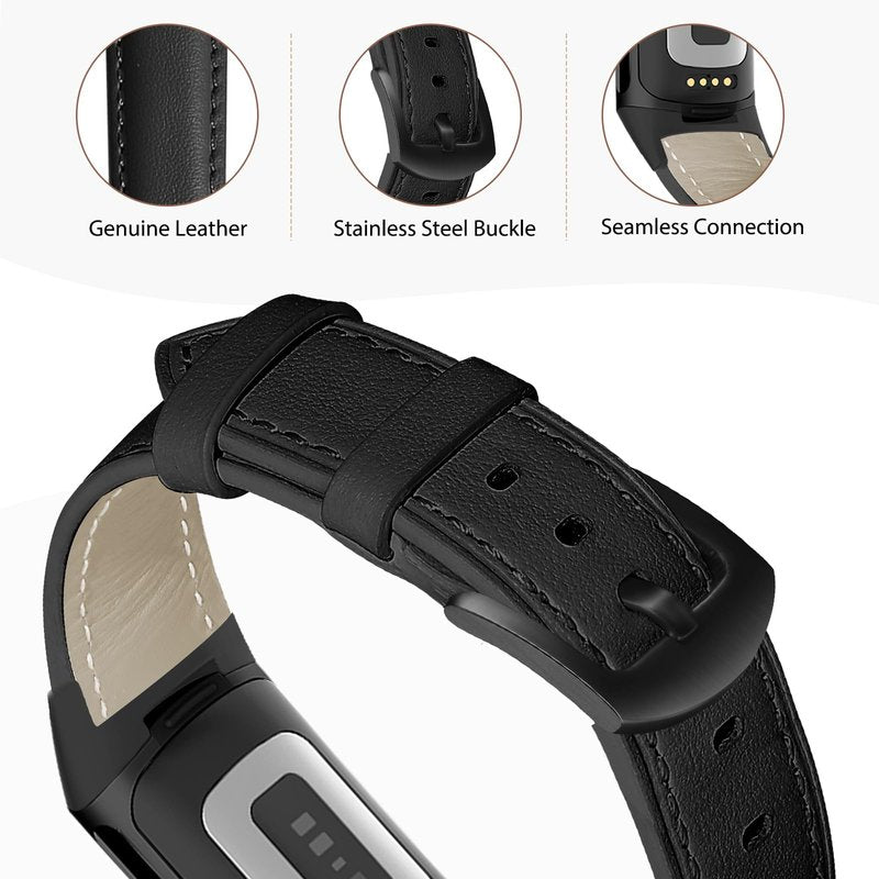 Farluya Leather Watch Bands Compatible with Fitbit Charge 6/Charge 5,Genuine Leather Replacement Straps for Charge 6/Charge 5 Accessories for Women Men.Black
