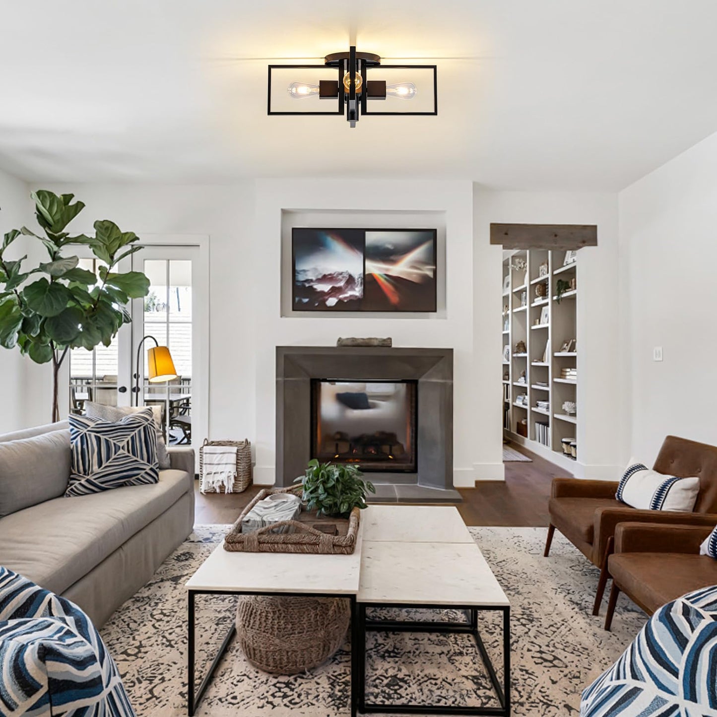 fengkeDU Industrial Ceiling Light Black 4 Light Semi Flush Mount Lights Wood Sputnik Light Fixture 24" Farmhouse Ceiling Light for Kitchen Bedroom Bathroom Foyer Hallway(E26