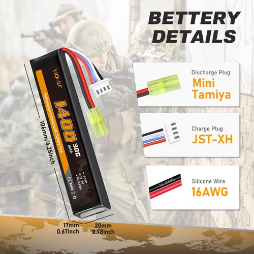 3S Airsoft Battery - 30C 11.1V 1400mAh Mini Tamiya Plug with USB Charger | Compatible with Most Airsoft Guns