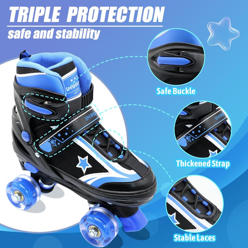 SMOOJOY Kids Roller Skates for Boys and Girls with Light-Up Wheels 4 Size Adjustable Blue Skates Shoes for Youth Ages 3-12 Years Children's Birthday Gift Beginners Rollerskates