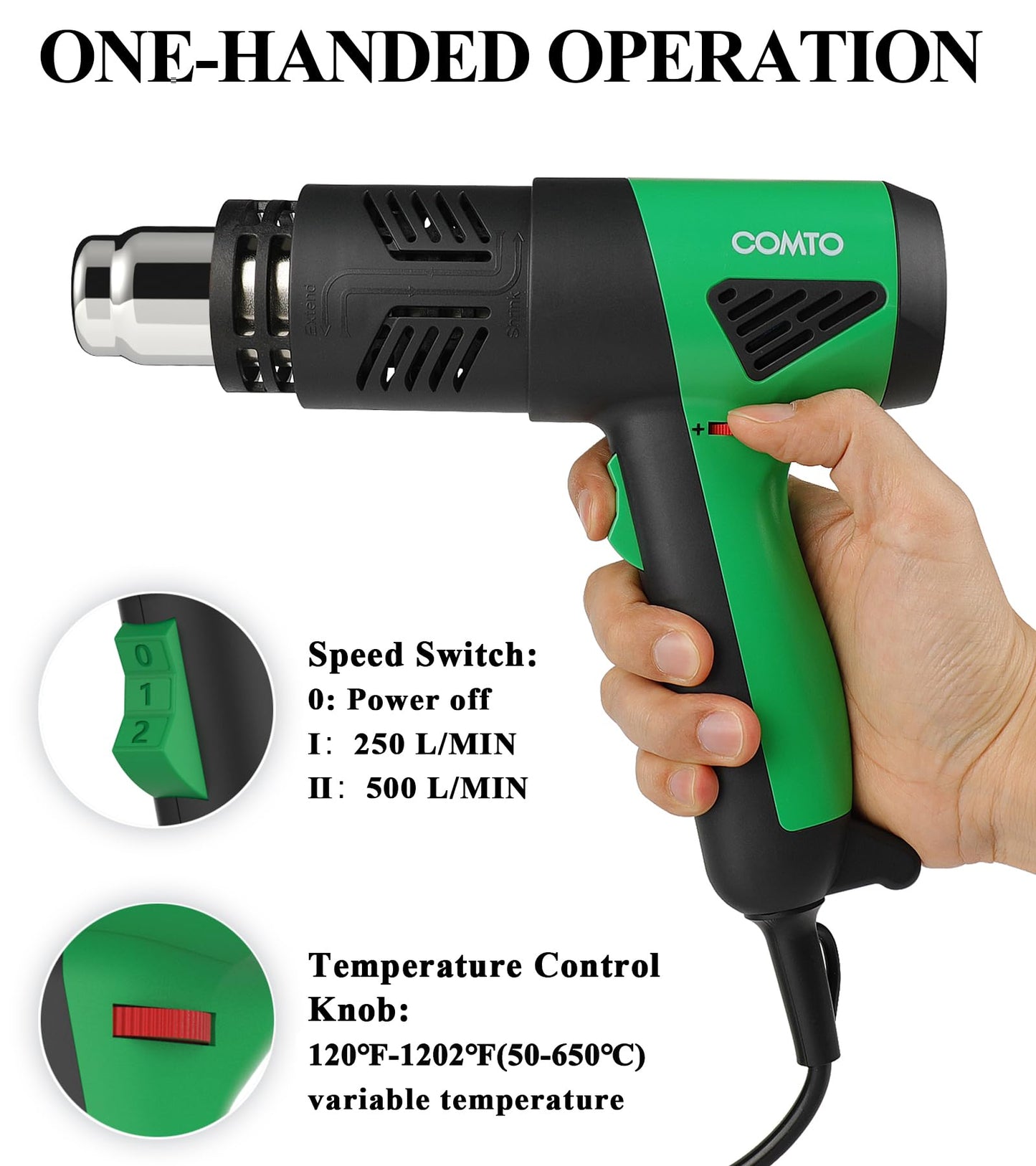 COMTO 1800W Industrial Heat Gun, Fast Heating 122℉-1202℉ Variable Temperature Control Overheat Protection 2 Speed Air Flow with 4 Nozzles for Crafts, Shrinking Tubing, Vinyl Wrap (SG-1004)