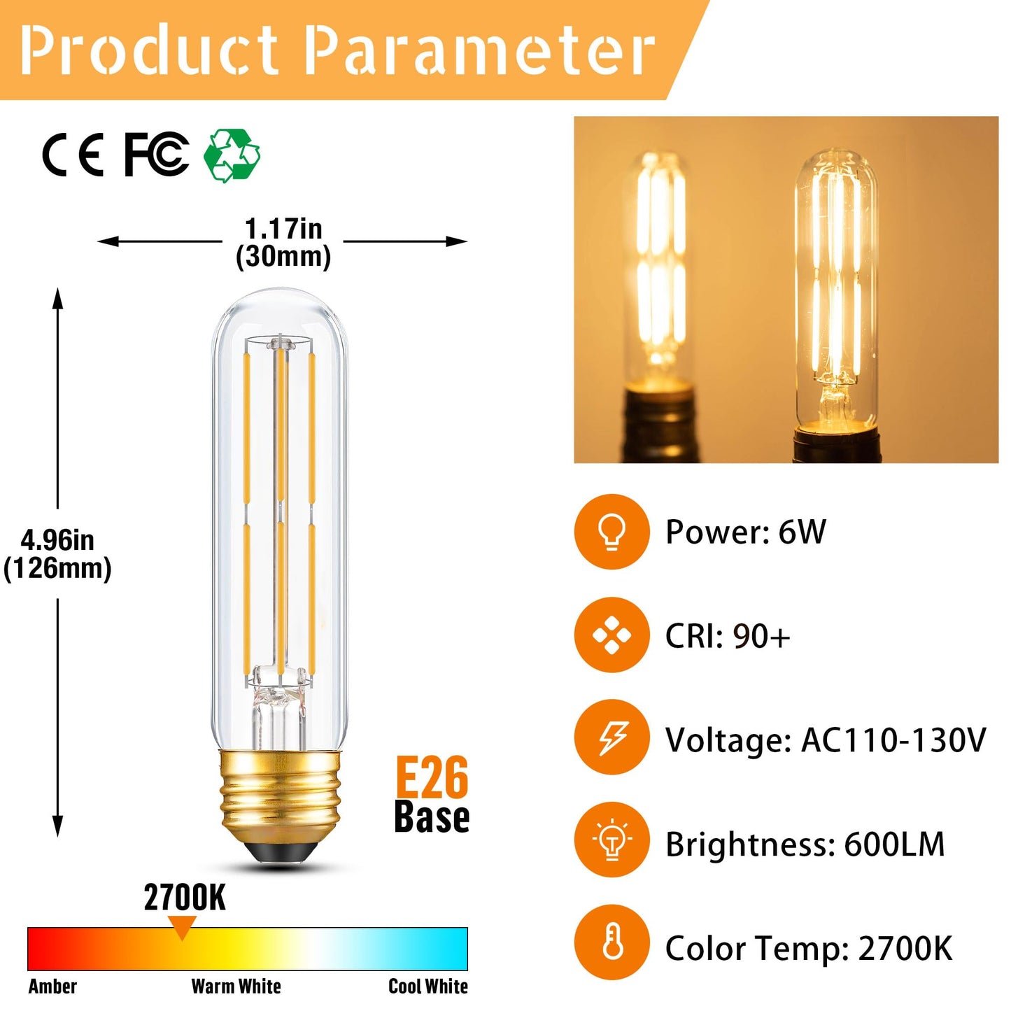 Dimmable E26 T10 LED Bulb Tube Light Bulbs 6W(60W Equivalent),Tubular Light Bulb Type T Long Thin Skinny Light Bulbs for Curio Cabinet,Piano Light,Chandelier,Hutch,2700K Solf White 600LM,2 Pack