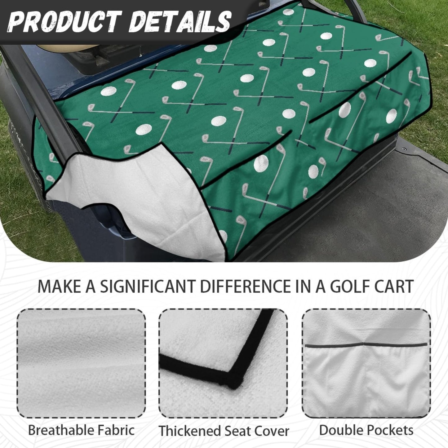 Knextrepoy Golf Ball Print Golf Cart Seat Cover with Pockets Universal Golf Cart Seat Blanket for Club Car Breathable Golf Cart Seat Cover Protector Green Cart Seat Cushion Accessories