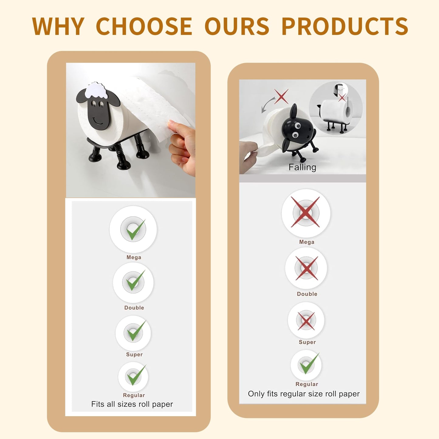 YIGII Sheep Toilet Paper Holder, Multifunctional 2 in 1 Adhesive Stainless Steel Toilet Roll Holder Stick on Wall or Free Standing, Funny Cute Bathroom Decor, Matte Black