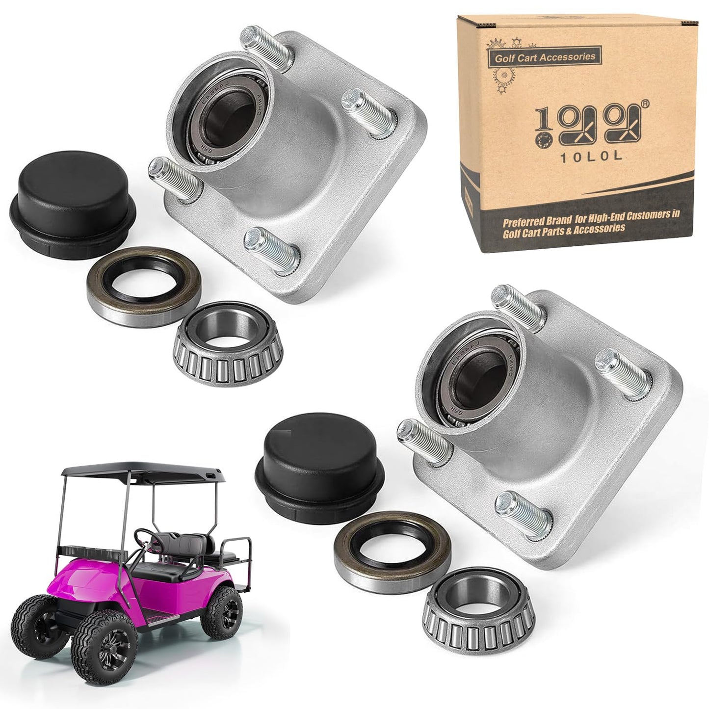 10L0L Front Wheel Hub Assembly for 2001.5-2013 EZGO PDS&TXT/Medalist, Shuttle, Workhorse, ST Series Gas & Electric Golf Cart, with Bearing Races & Cap, OEM# 70895G01 70895-G01, Set of 2