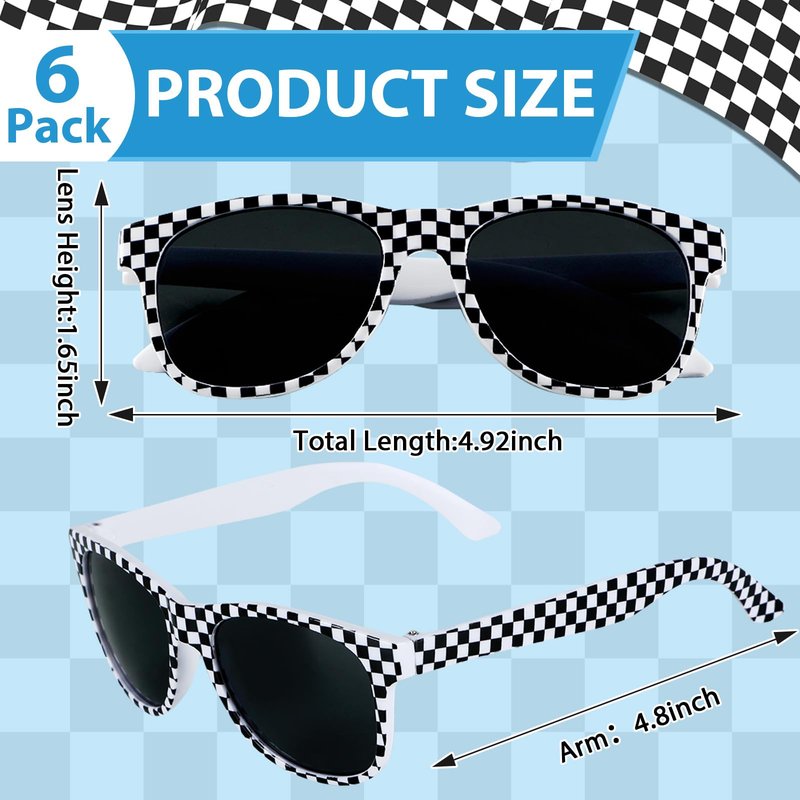 6 Pack Race Car Checkered Sunglasses White Black Frame Checker Sunglasses Bulk for Race car Party Favors Essentials & Gear Up With Hot Car Plastic Glasses for Racing Theme Birthday Supplies Gifts
